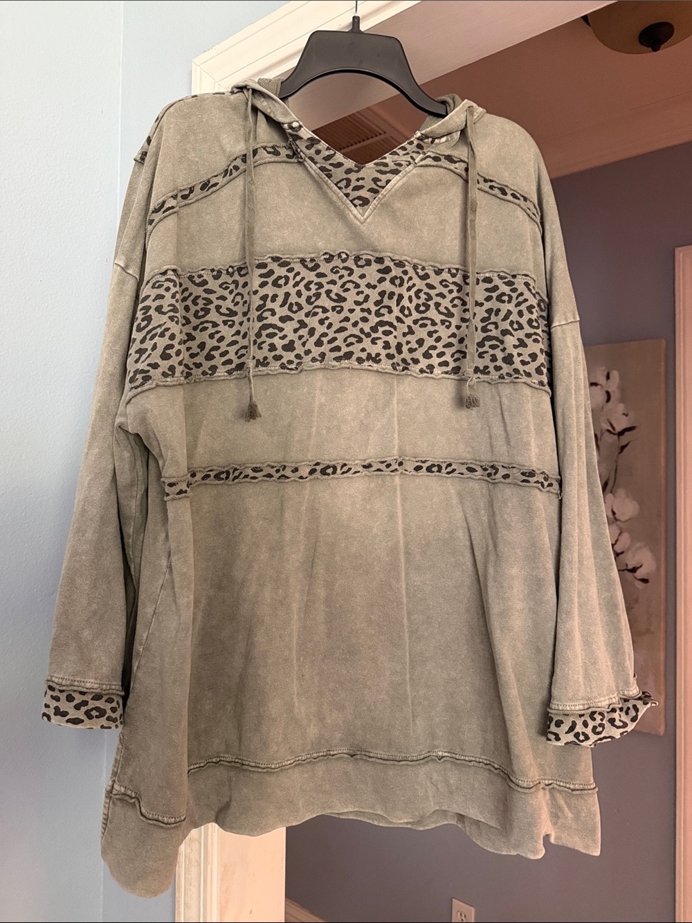 Oversized Hooded Pullover with Leopard Trim - Olive Green/Grayish
